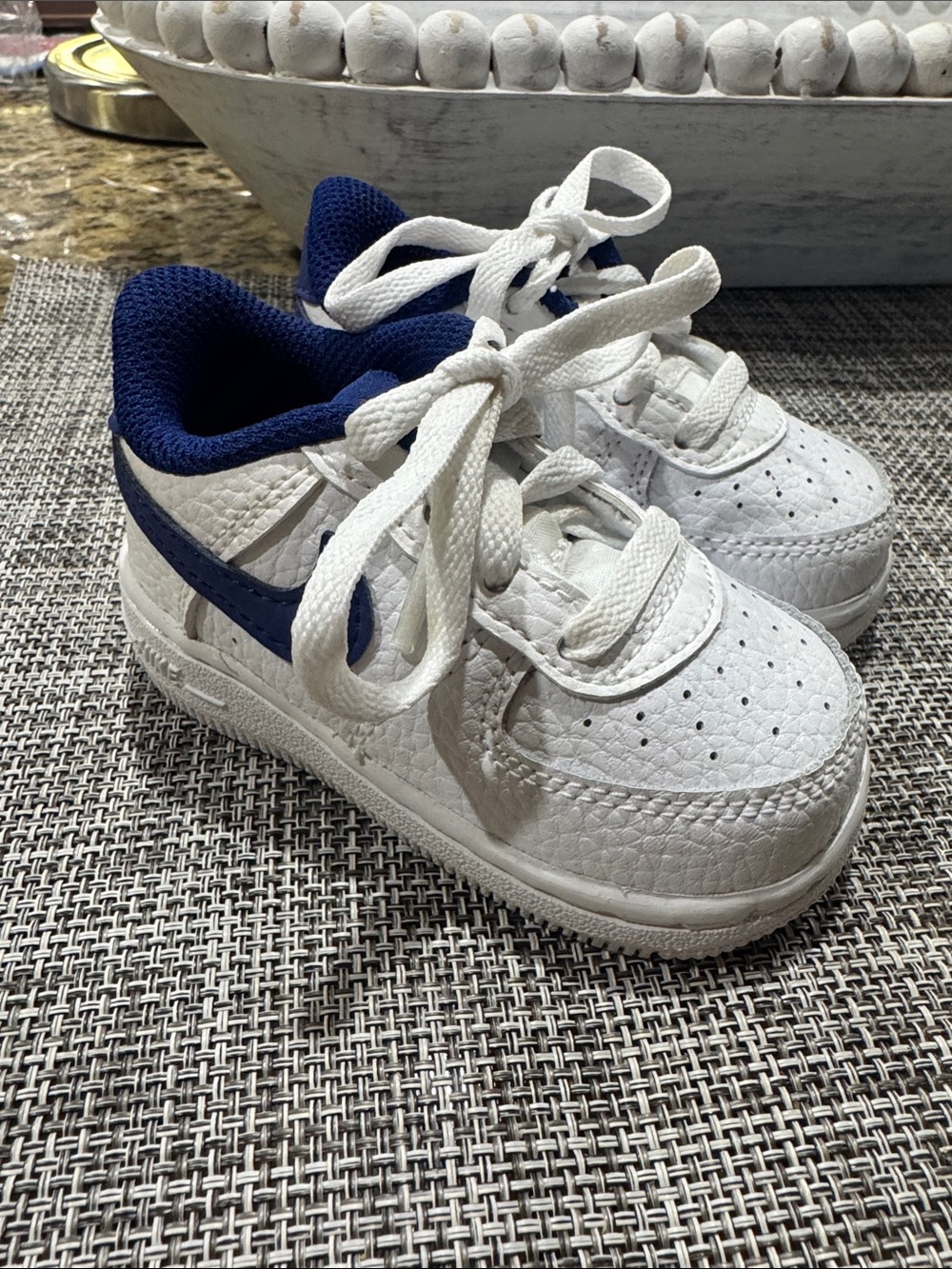 Nike Kids White Leather Sneakers with Navy Swoosh